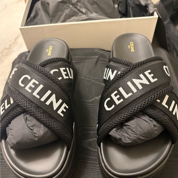 Celine Black Logo Cross-Strap Slide Sandals - Picture 5 of 5
